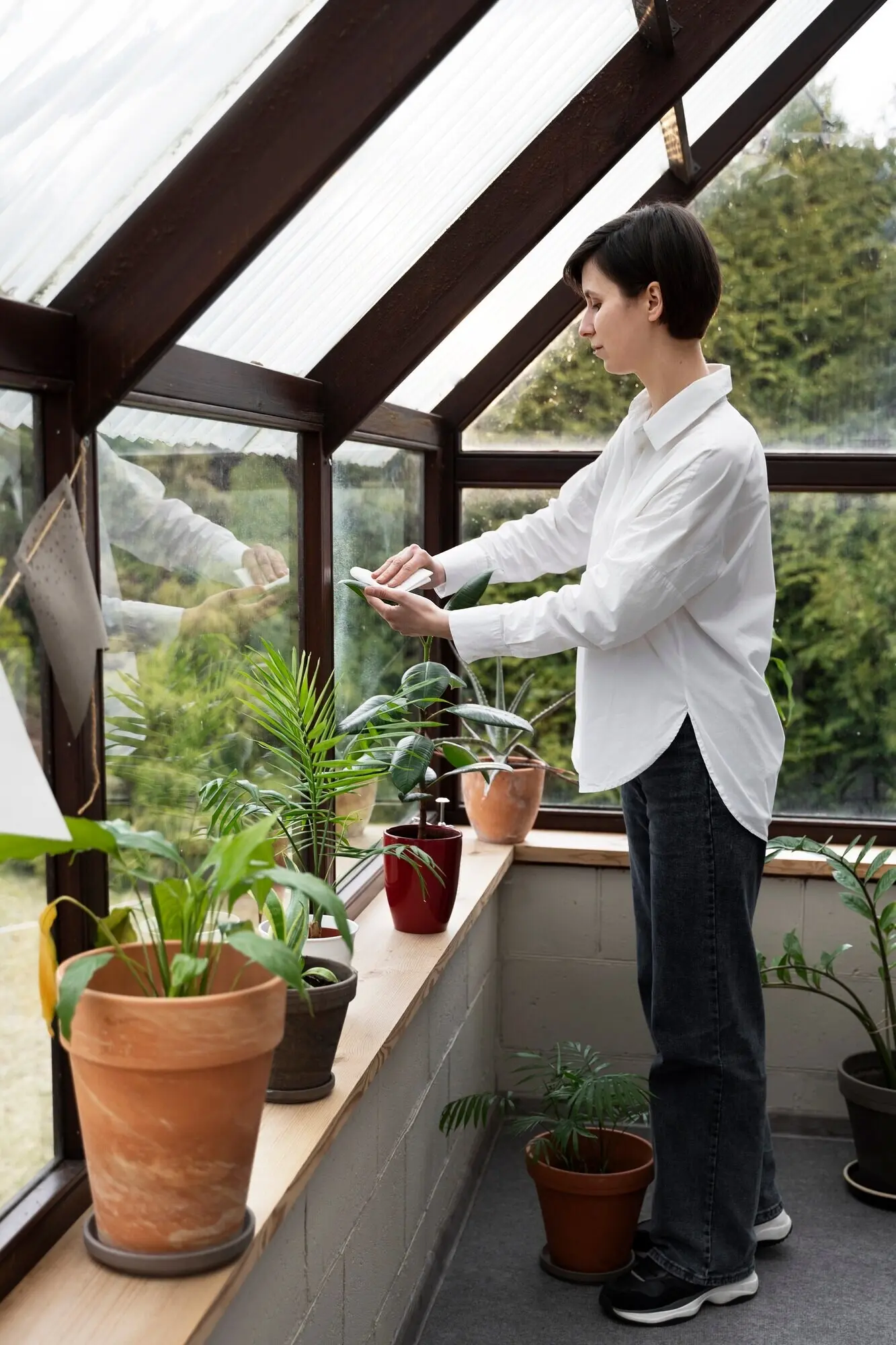 Full-body shot of a woman wiping a plant's leaf.