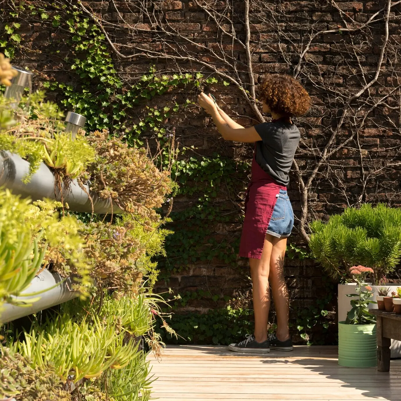 Rear view of a young woman caring for plants